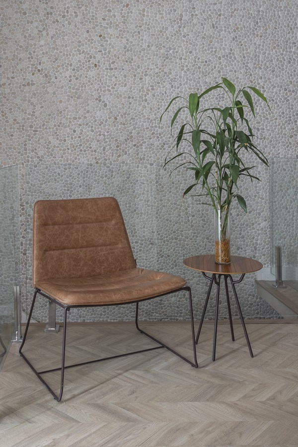 cadeira marrom com planta ao lado em cima da mesa