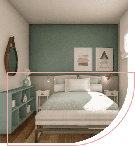Projeto de arquitetura de quarto. Dois quadros na parede e um espelho redondo. Cama ao lado da comoda