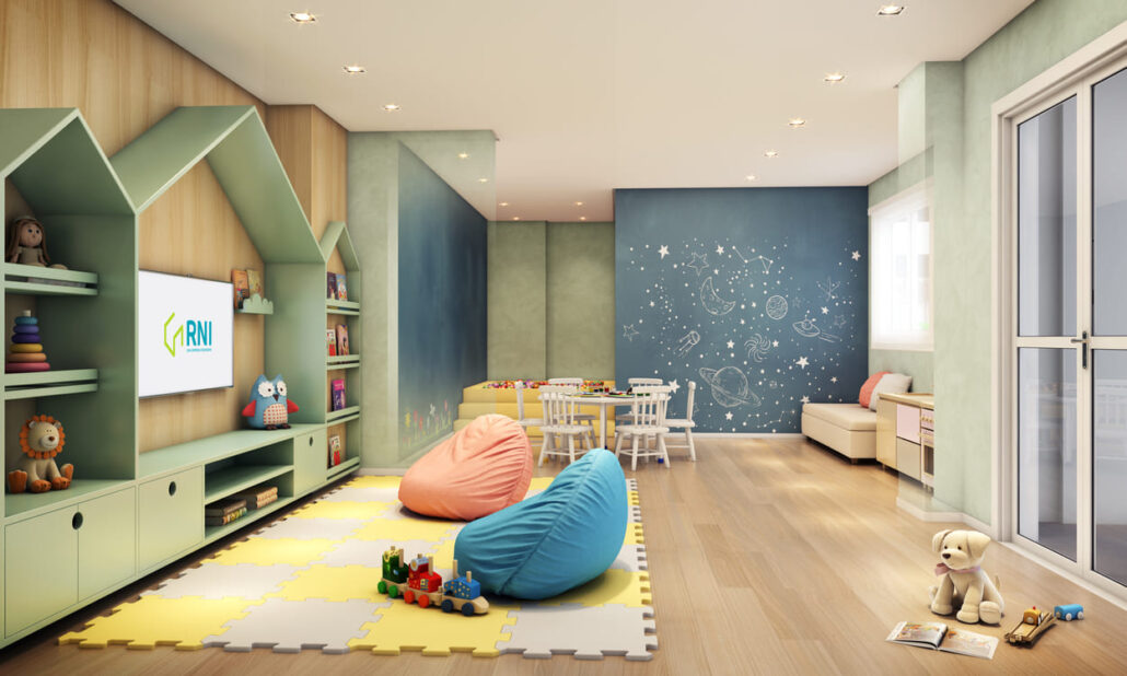 brinquedoteca com pufs e estantes com brinquedos e livros