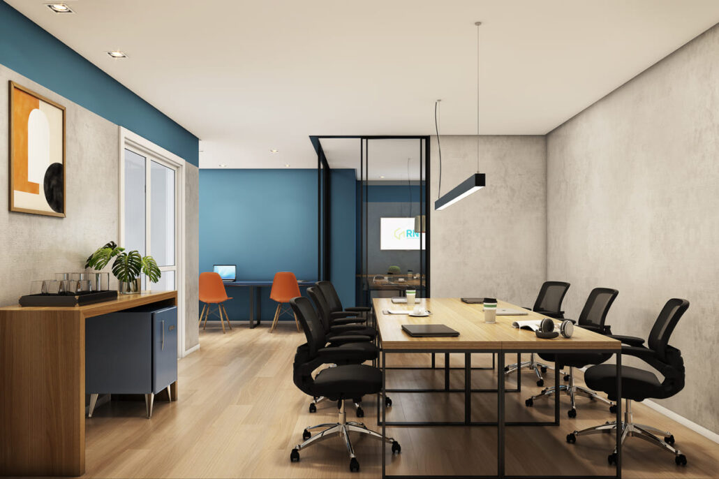 coworking com mesa grande e cadeiras pretas