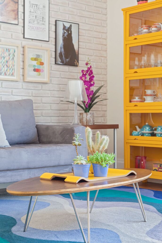 sala sofa e com mesa de centro com vasos