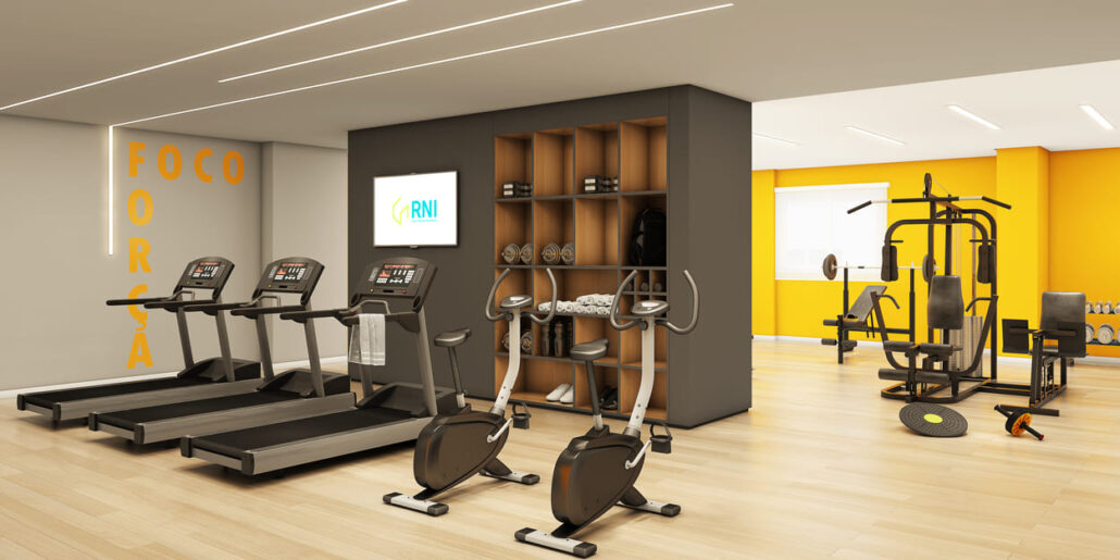 academia com aparelhos e estantes