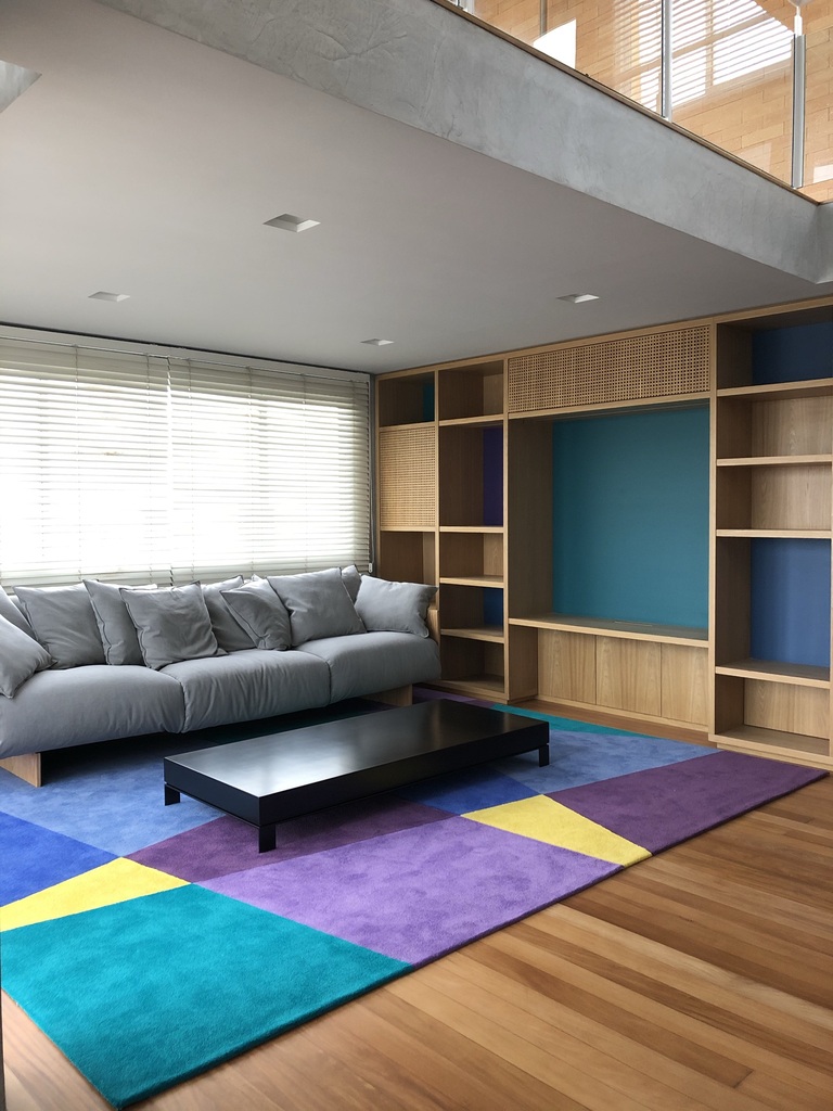 sala com sofá cinza e tapete colorido, estante grande na parede