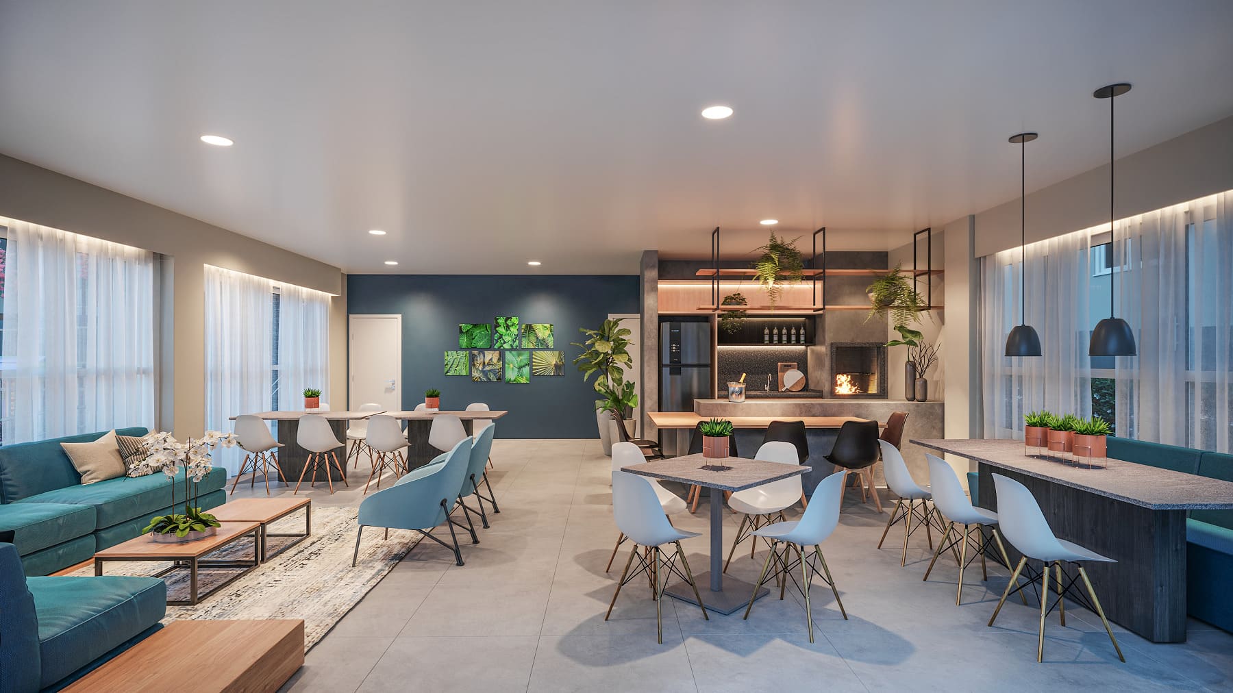 area interna grande sala com mesas redondas dispostas