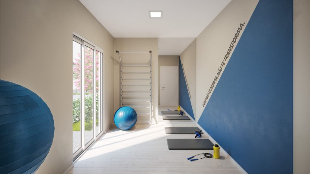 area de ginastica com bola e tapetes de ginastica