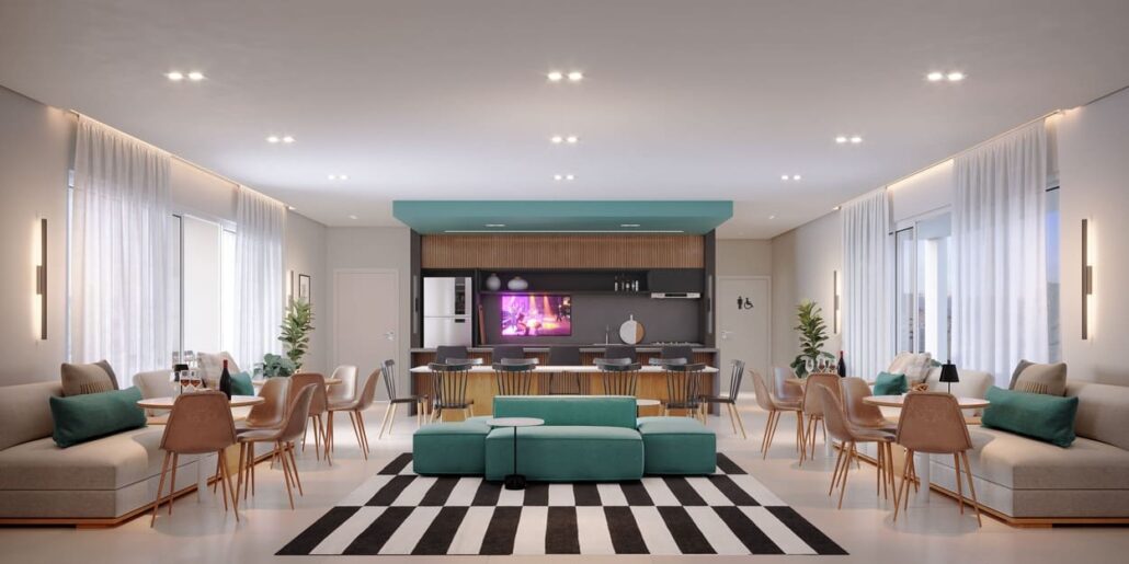 salão de festas com grande sofá e tapete preto e branco