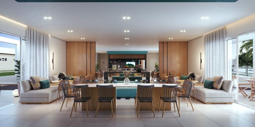 salão de festas com mesa grande no centro