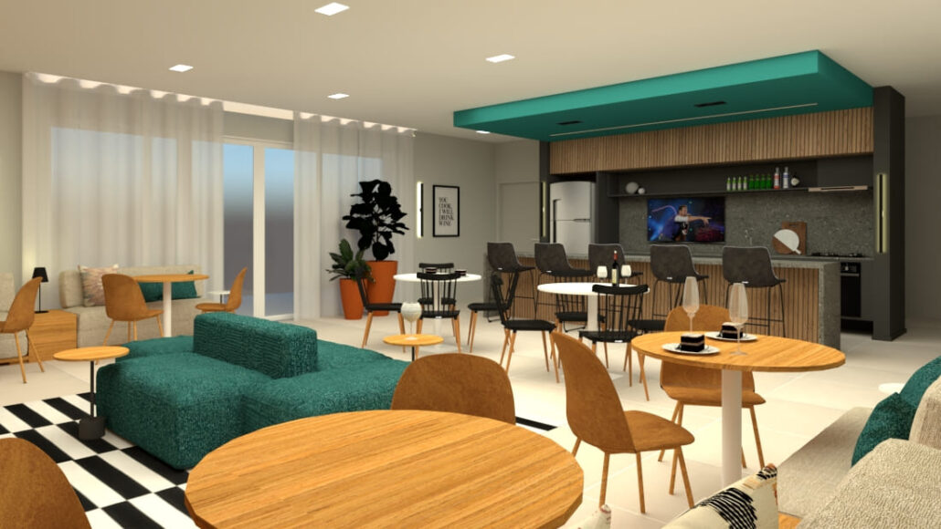 salão de festas com grande sofá e mesas redondas