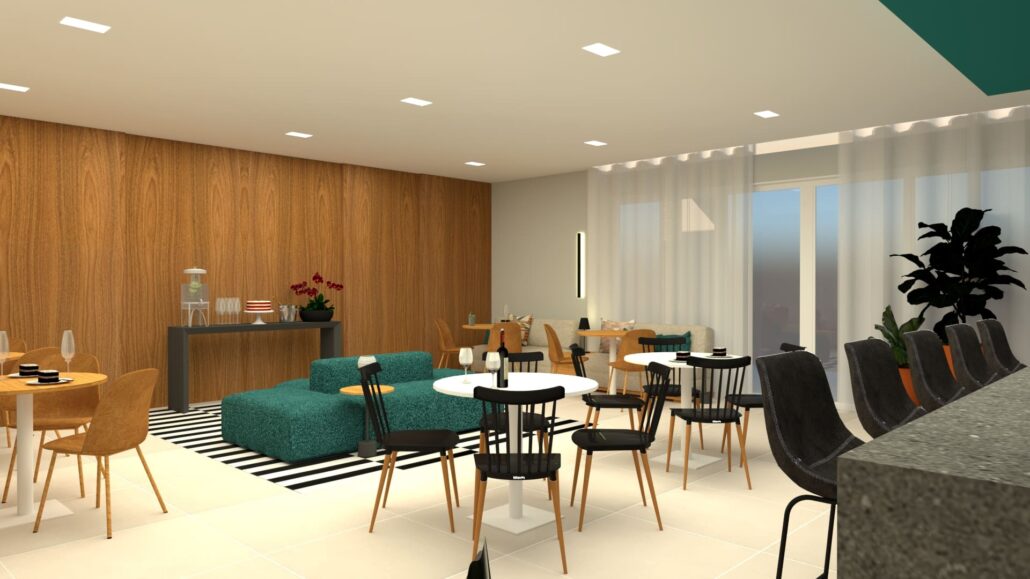 salão de festas com grande sofá e mesas redondas