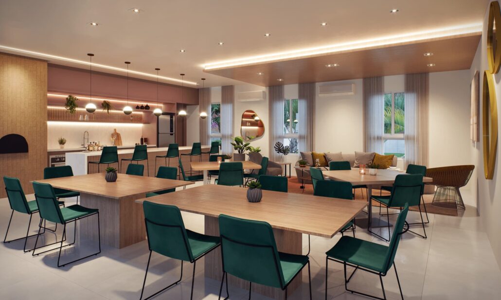 area de jantar com mesas grandes e cadeiras verdes