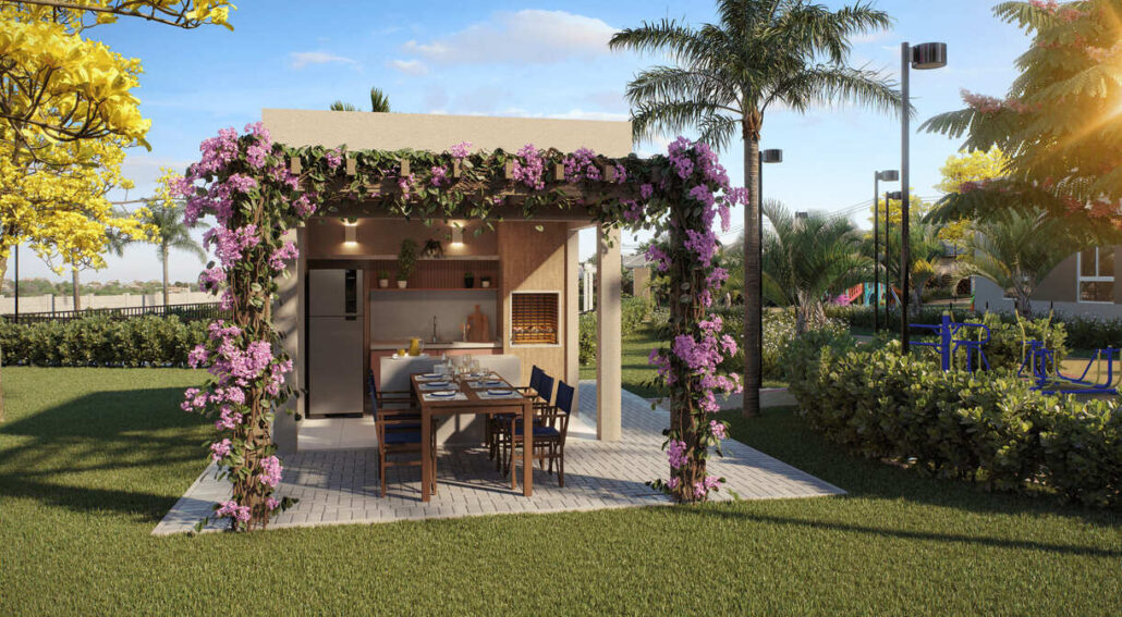 area externa com pergolado e decoração em flores