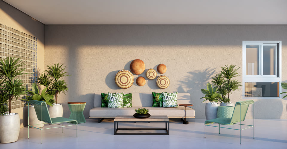 area externa coberta com sofá cinza e mesa de centro