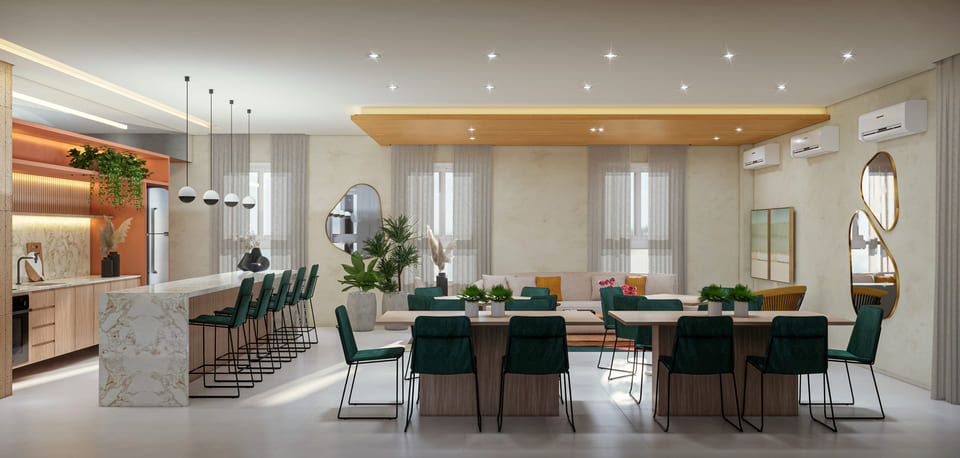 area de jantar com mesas grandes e cadeiras verdes