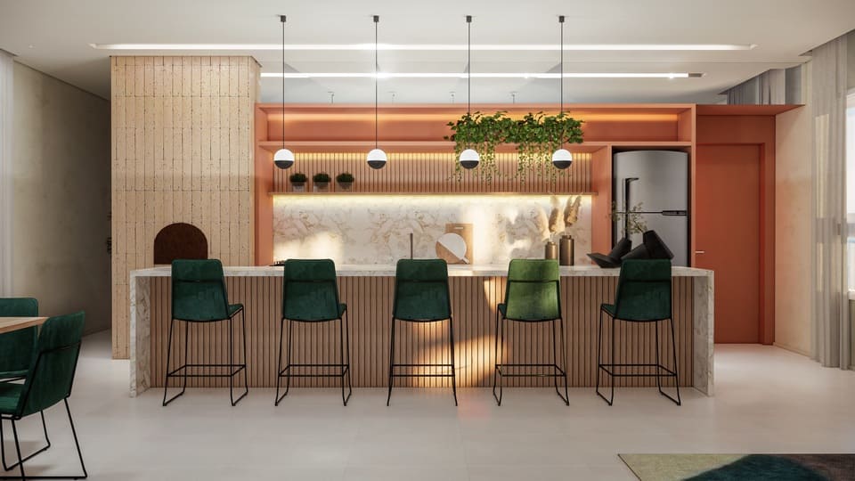 balcão com cadeiras verdes e luzes