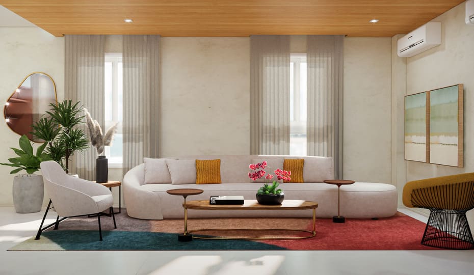 sala com sofá grande e mesa de centro